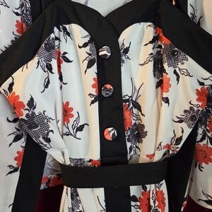 Vintage 60s/70s Floral Black and White Dress with Red Accents